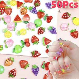 50Pcs Mix Resin Summer Fruit Nail Art Charms Cute 3D Cherry Strawberry Watermelon Peach Decoration DIY Crafts Nails Accessories