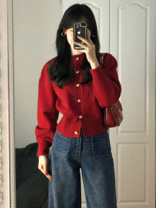 Red Knitted Sweater Coat Christmas New Year Retro High Waist Short Top Autumn Winter Small Fragrance Style Wrap Cardigan for Women