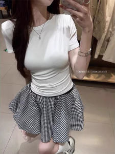 Váy Ngắn Chữ a Cạp Cao Kẻ Caro Thời Trang Cho Nữ Mùa Xuân 2025 Phong Cách Hàn Quốc Váy Ngắn Thanh Lịch Cỡ Lớn