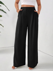 Casual Loose Wide Leg Pants Pure Color Pocket Ladies Loose Fit Comfortable Polyester Fiber Trousers for Women
