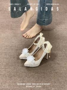 French Style High Heels Womens Wedding Shoes Two-Way Wear Thick Heel Comfortable Pearl Tie Strap Princess Ball Gown Shoes