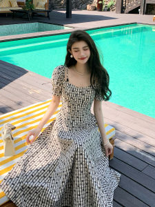 DENGLIULIU | French Vintage Black and White Gingham Long Dress