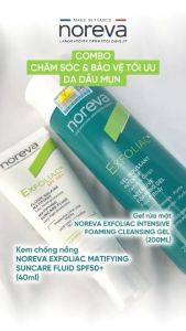 Combo 2 sản phẩm rửa mặt Noreva Exfoliac Intensive Foaming Gel và chống nắng Noreva Exfoliac Suncare Fluil SPF 50+ 40ML