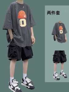 Summer Short-Sleeved T-shirt Suit Boys Cool Handsome Wear Fashionable Mens Suit Matching Handsome Parka Shorts Two-piece Set