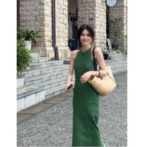 YUFUQING | Elegant French Style Summer Dress Womens Sleeveless Slimming Vest Green Long Skirt High Quality Linen Material Commute Style
