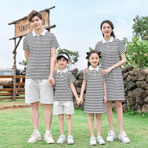 Fashionable Family Matching Clothes Cotton Polo Shirt And Dress for Mom Daughter Cute Striped Design Summer Casual Wear