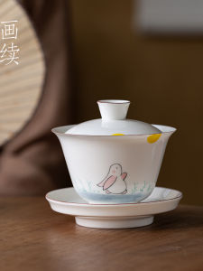 Hand-Painted Rabbit Three-Axis Cover Bowl Tea Cup Ceramic Tea Set Non-Scalding White Porcelain Gongfu Tea Brewing Tools