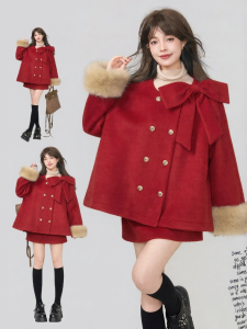 KEIKO | Bộ Áo Khoác và Váy Len Đỏ cho Phụ Nữ Mùa Thu và Đông