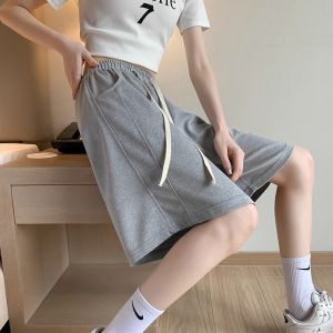 พลัสไซส์ สูง เอว กีฬาสีเทา กางเกงขาสั้น ผู้หญิง หลวม Fit ฤดูร้อน เสื้อแจ๊กเก็ตแบบบางขากว้างความยาวปานกลาง กางเกง ความยาวห้าส่วน