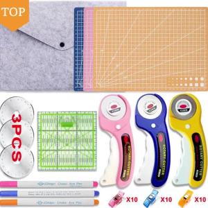 45mm Rotary Cutter and Fabric Scissors Set - Premium Sewing Tools with Safety Lock Includes Spare Blades Storage Pouch Cutting Board Marker Pen Acrylic Ruler Cutting Mat Suitable for Patchwork Clothing Making DIY Crafts