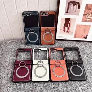 Classic Cattle Leather Texture Magsafe Phone Case For Samsung Z Flip 7 6 5 flip 4 3 Metal Finger Ring Stand Holder Matte Cover