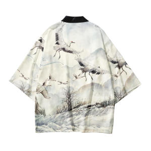 Summer Asian Traditional Costume Men Crane Printed Japanese Kimono Cardigan Harajuku Yukata Dark Style Black Haori Shirt Jacket