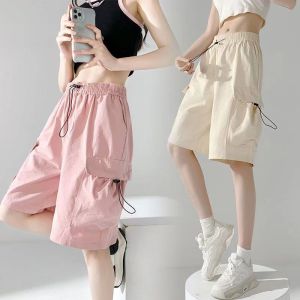 Casual Hiphop Workwear Short Pants Women Summer American Slimming Loose Wide Leg Pants mid Waist Straight Leg Pocket Five Parts