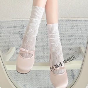 ถุงเท้าสั้นลายผีเสื้อสีขาว ถุงเท้าสั้นสไตล์ญี่ปุ่น ถุงเท้าครึ่งแข้งสไตล์โลลิต้าสำหรับผู้หญิง ถุงเท้าผ้าไนลอน ฤดูใบไม้ผลิ 2024