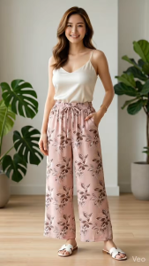 Ginza6 Fits up to 36inch Floral Wide Leg Pants High Waist Plus Size Casual for Women 1293#