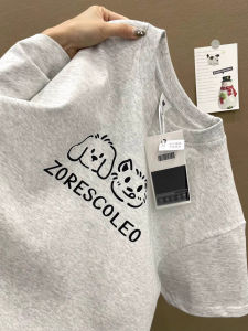 American Retro Print Light Gray Short-Sleeved T-shirt for Women Spring/Summer 2024 New Arrival Best Selling Loose Cotton Half Sleeve Top