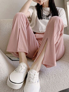 กางเกงขายาวผ้าไหมน้ำแข็งเอวสูงทรงหลวมสำหรับผู้หญิง กางเกงขายาวทรงตรงสีดำ กางเกงขายาวลำลองฤดูร้อน กางเกงขายาวทรงหลวมแบบบาง