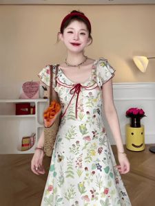 French Lotus Collar Floral Dress Womens Summer New Arrival Fancy Younger Fashion Clavicle Elegant Waist-Slimming Long Dress