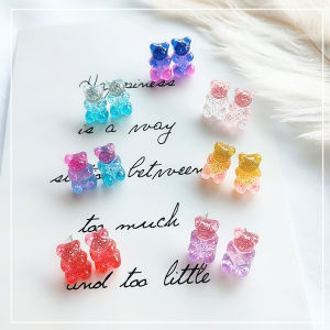 Colorful Gradient Transparent Candy Bear Earrings Cute Childhood Interest Soft Girl Ear Clips Fashionable Sweet Style Jewelry
