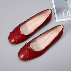 Bow Goatskin Red Shoes New All-Match Square Toe Soft Bottom Red Flats Womens Shoes Leather Low-Cut Low Heel Shoes