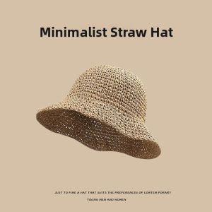 Summer Handmade Crochet Large Brim Solid Color Straw Hat Womens Foldable Beach Vacation Sun Protection New Style Sun Hat