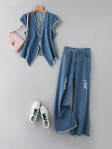 LIANGYILAILIN | Vintage Irregular Sleeveless Denim Vest High Waist Straight Leg Wide Leg Pants Set