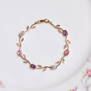 Pink Cubic Zirconia Wrist Chain with Vine Flowers Sweet and Romantic Metal Bracelet For Women Jewelry Wedding Party Gifts