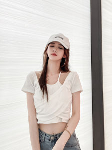 Sweet And Spicy Short Sleeve T-Shirt Womens Summer Fashion Design Bared Clavicle Uneven Hemline Slim Fit Casual Top