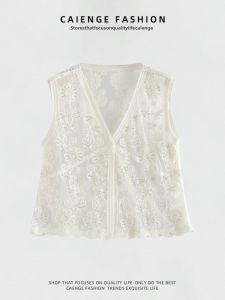 CAIENGE | Thin French Style Blazer Overlayer High-end Feel Sleeveless Lace-up Vest V-neck Embroidery with Strap Dress