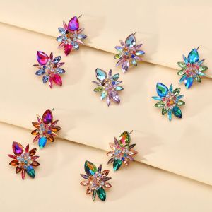 Multilayer Glass Flower Shaped Design Stud Earrings For Women Korean Fashion Luxury Elegant Party Wedding Accessories Jewelry