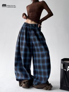 MUYUZI | French Check Loose Drawstring Contrast Waist Flared Trousers