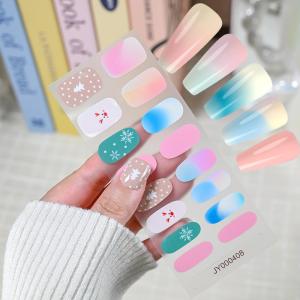 สติกเกอร์ติดเล็บเจลลายเกล็ดหิมะ กวางเรนเดียร์ ต้นคริสต์มาส 16 ชิ้น/แผ่น แบบกึ่งสำเร็จรูป ปิดคลุมเล็บเต็มแผ่น ใช้กับหลอดไฟยูวี สำหรับตกแต่งเล็บฤดูหนาว