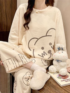 2025 New Soft Plush Womens Sleepwear Thickened Coral Fleece Autumn Winter Cute Internet Famous Home Clothes Set Long Sleeve round Neck