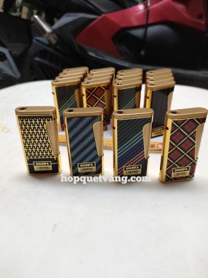 Combo 5 cái Bật lửa tia xanh, thân vỏ kim loại màu vàng Hoa Văn ( bơm lại được)