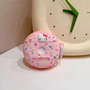 3D เคสป้องกันซิลิโคนนิ่มลายการ์ตูนคิตตี้สีชมพูทรงโดนัทฝาครอบกันกระแทกใช้ได้กับ Apple AirPods 1 2 Pro 3 Pro2