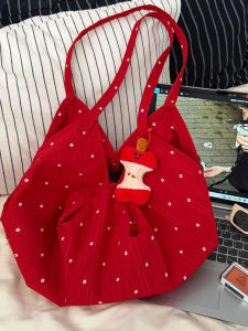 2025 New Red Floral Canvas Tote Bag Large Capacity Womens Lazy Style Single Shoulder Bag Handbag Trendy Ladies Purse