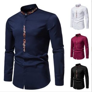 เสื้อเชิ๊ตผู้ชายปักลายสำหรับเข้ารูปพอดีแขนยาวเชิ๊ตผู้ชายลายกระดุมแนวเอียงของ Kurta Lelaki