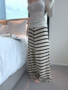 Fashionable Lazy Striped Knitted Wide Leg Pants Womens High Waist Slimming Drapey Casual Floor-Length Trousers Spring New Arrival