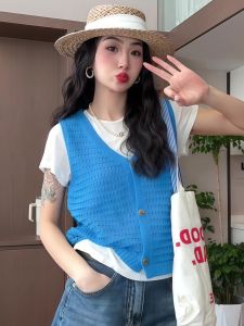 Áo Len Dệt Kim Hở Vai Thời Trang Mùa Hè Mỏng Cho Nữ Áo Khoác Ngoài Áo Vest Ngắn Màu Trơn Có Khóa Đơn Cổ Chữ V