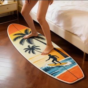 VIKAMA Sunset Ocean Surf Board Shaped Plush Carpet Non Slip Quick Dry Floor Rug For Balcony Teen Coastal Leisure Decor