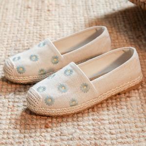 Spring Summer Womens Fisherman Shoes Handmade Linen Flat Casual Breathable Slip-On Comfortable Embroidered Single Shoes