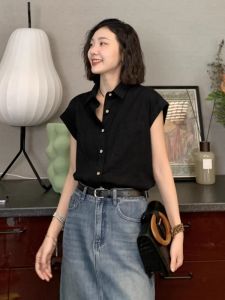 Black Short Sleeve Cotton Linen Womens Shirt Design Sensation French Style Summer New Arrival Commute Korean Loose Type