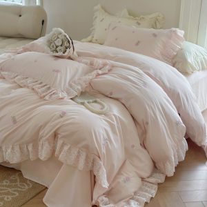 French Washed Cotton Bedding Set Princess Style Four-Piece Suite Duvet Cover Sheet Bed Skirt for Teenage Girls Moisture Wicking