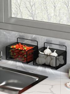 Wall-Mounted Kitchen Storage Box Garlic Onion Vegetable Basket Multi-Layer Rack No-Drilling Required Organizer Iron Painted Surface