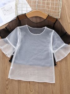 Girls Sweet Hollow out Mesh Base Shirt Short Sleeve Summer New Style Inner Wear Childrens T-shirt Polyester Fiber Hollow Design