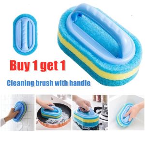 Buy 1 get 1  Multifunctional Strong Brush Bathroom Tile Cleaning Brush Multi-Use Scrub Brush with Handle for Kitchen Pot Stove Wall Clean Cleaning Brush Magic Sponge Decontamination Bath Brush Sponge Eraser Cleaner for Kitchen