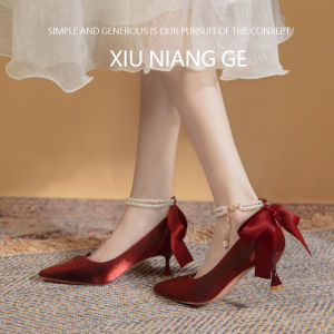 French Red Wedding Shoes Comfortable High Heels for Brides Maternity Women Dress Shoes Butterfly Knot Pearl Embellished Sandals