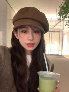 Maillard Wear Woolen Octagonal Hat Womens Fall and Winter British Retro Beret Brown Newsboy Hat Makes Face Look Smaller