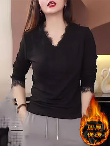เสื้อยืดคอวีแขนยาวผ้าลูกไม้ผสมผ้าโพลีเอสเตอร์และยางยืดสำหรับผู้หญิงในฤดูหนาว เสื้อชั้นในแบบหนา อบอุ่น สไตล์เกาหลี