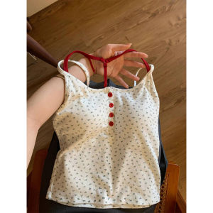 เสื้อกล้ามแขนกุดคอวีลายดอกไม้สไตล์ย้อนยุคสำหรับผู้หญิงในฤดูร้อน ทรงสลิมฟิต เสื้อตัวบนสุดเทรนด์ เสื้อผ้าทำงานสไตล์เกาหลี